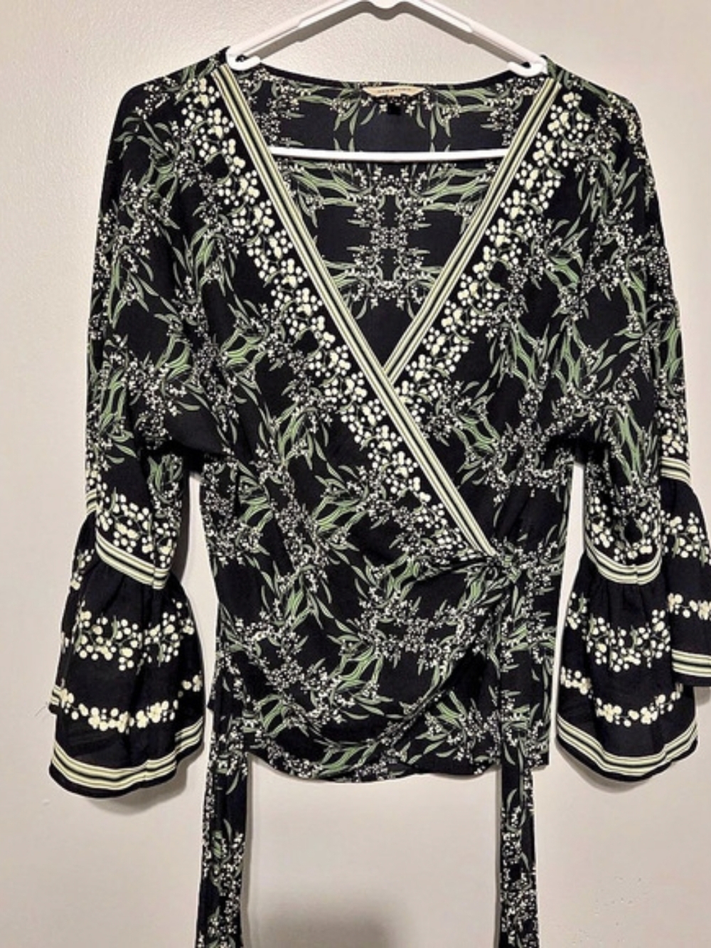 Max Studio Floral Wrap Blouse in Black & Green Like New